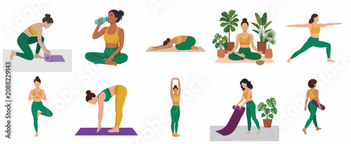 Yoga and Wellness Illustration Set Featuring Women in Various Poses, Meditating, and Handling Mats for Healthy Lifestyle Design