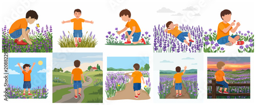 Vector illustration set of a little boy enjoying various activities in a beautiful lavender field