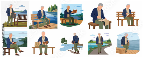 Elderly man outdoor leisure activities flat vector illustration set
