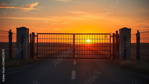 Long straight road blocked by a large metal gate under dramatic sunset sky.