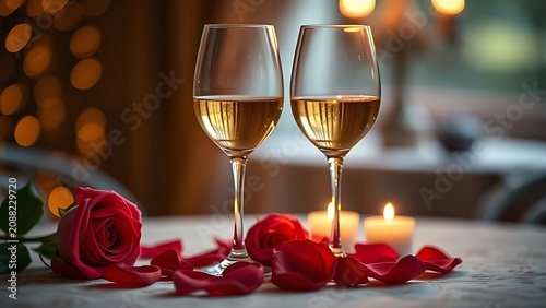Romantic table setting with wine glasses and rose petals, illuminated by soft candlelight for an intimate mood.