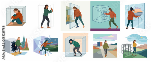 Conceptual illustration of woman breaking free from glass box for mental health and personal growth