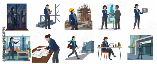 Flat Vector Illustration Set of a Female Architect and Engineer in Professional Situations Including Construction Sites, Business Meetings, Presentations, and Design Work