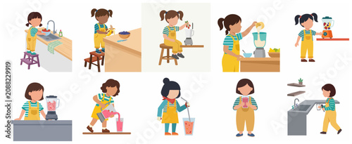 Flat vector illustration set of a cute little girl making a healthy fruit smoothie in the kitchen, washing fruit, blending, and drinking.