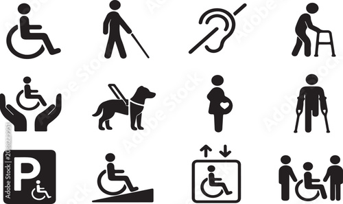 Set of black disability and accessibility icons on white background Vector
