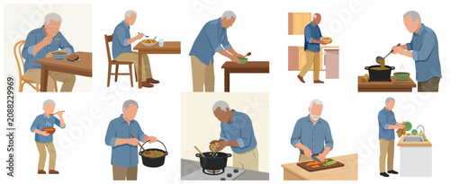 Senior Man Cooking and Eating Healthy Vegetable Soup Set of Vector Illustrations Representing Daily Routine and Retirement Lifestyle