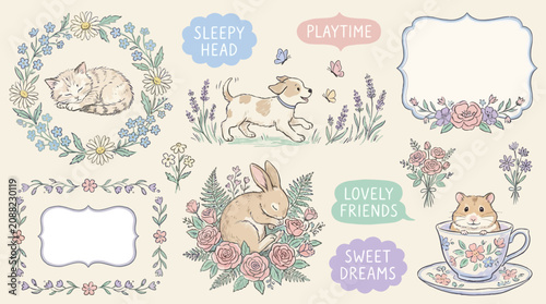 Fotografie Cute hand-drawn pet characters including playful puppy and sleeping kitten surrounded by vibrant spring floral element and botanical blossom in a gentle whimsical illustrative style