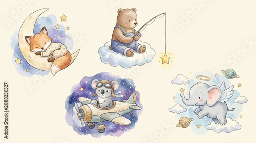 Photography Charming Watercolor Nursery Clipart Set Featuring Whimsical Space Animals with F