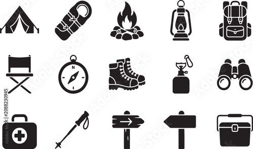 Foto Camping icons set with outdoor hiking and adventure gear elements