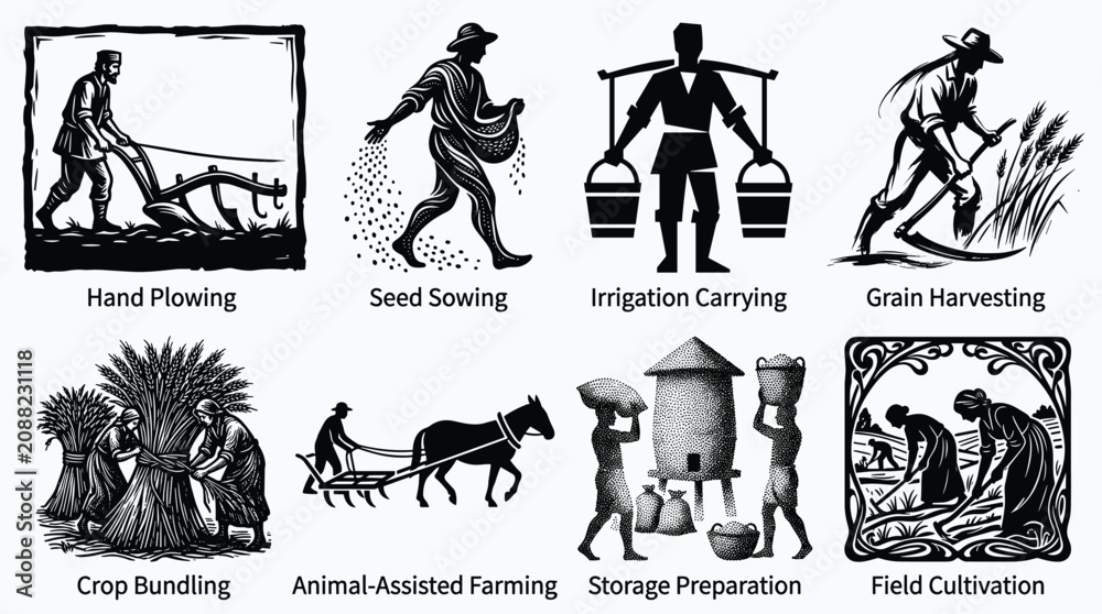 Fototapeta premium Agricultural historical silhouettes for rustic designs and rural themes elements