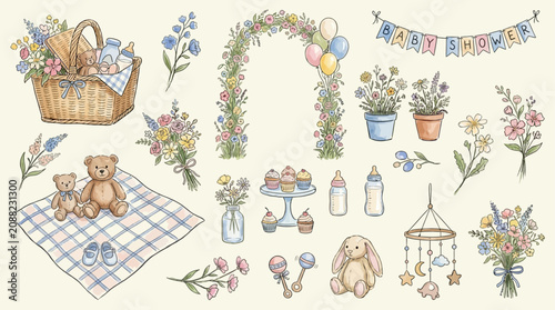 Elaborate watercolor baby shower picnic clipart set featuring delicate floral decorations and charming nursery accessories for invitation design, scrapbooking, and celebratory stationery.
