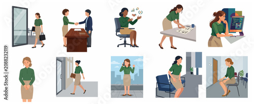 Flat Vector Illustration Set of a Professional Businesswoman in Various Office Scenarios, Career Growth, Recruitment, and Daily Corporate Life