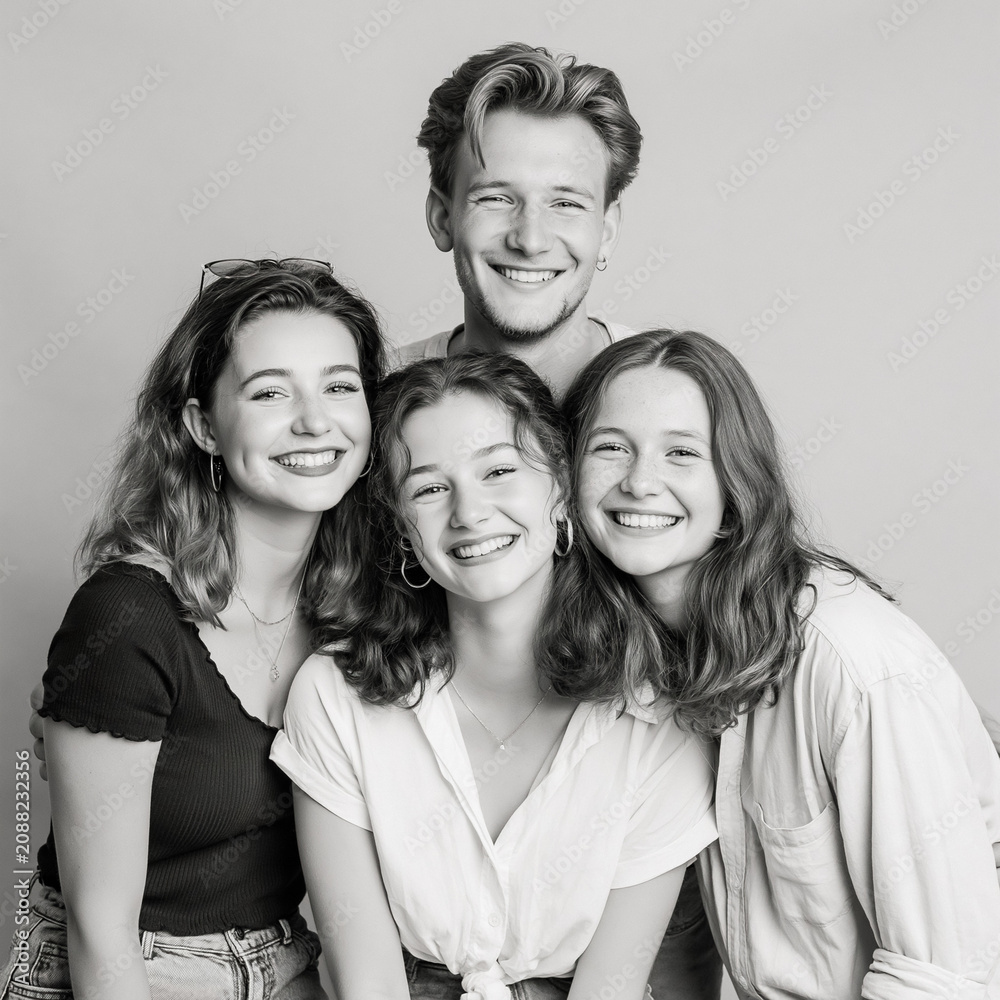 Fototapeta premium Youthful friends happily posing in a studio for a black and white portrait, celebrating friendship and togetherness