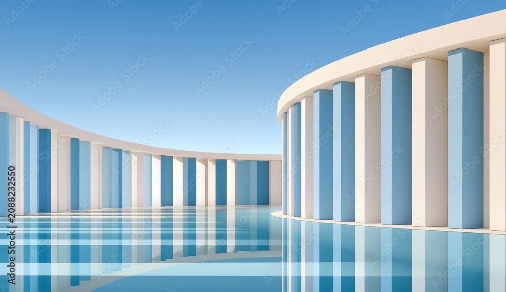 Obraz premium Abstract modern architecture with curved colonnade, reflective water and blue minimal design