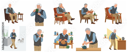 Senior Man Daily Routine Activities Vector Illustration Set with Elderly Character Reading, Drinking Tea and Resting