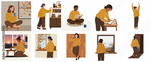 Set of cozy autumn lifestyle illustrations featuring diverse women relaxing indoors, reading, drinking coffee, and enjoying the fall season at home.