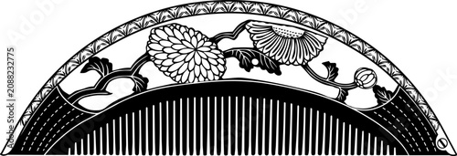 Canvastavla Art nouveau floral hair comb illustration black and white vector design