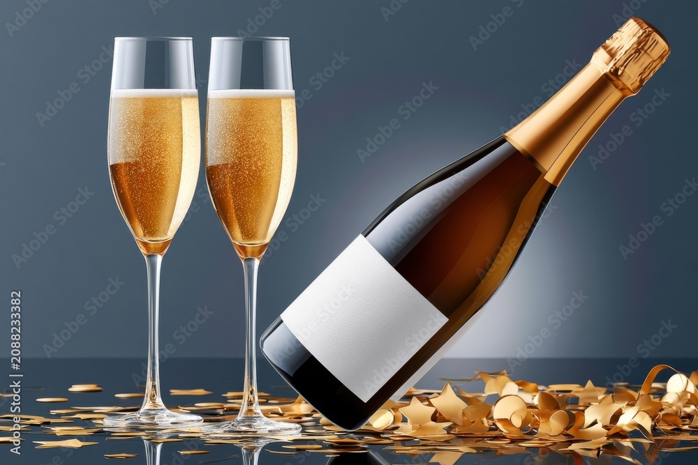 Fototapeta premium Champagne bottle and two filled flutes on dark mirror surface with gold confetti for New Year celebration