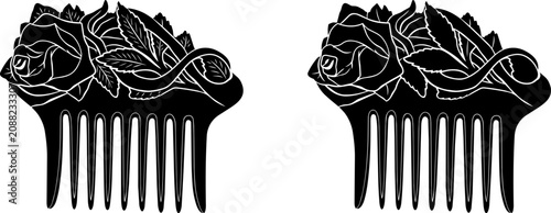 Tableau sur toile Black and white illustration of hair combs with rose designs