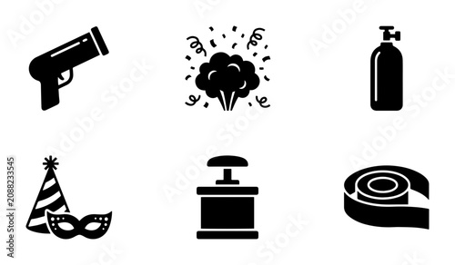 Photos Party Icons Set: Confetti Cannon, Gas Tank, Mask, Party Hat, Detonator, Tape