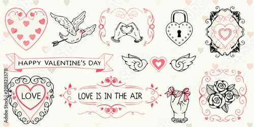 Konstfotografi Valentine s Day Line Art Collection With Hearts Doves And Floral Elements