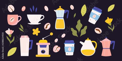 Bilde på lerret Coffee themed vector illustration with cups pots and coffee beans