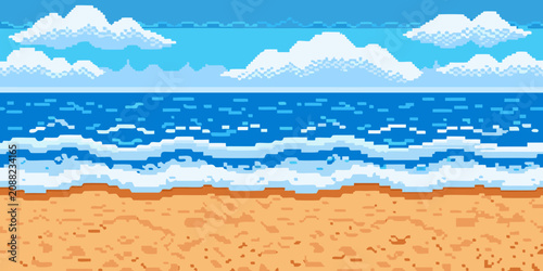 Bild auf Leinwand Pixel art beach landscape with blue sky waves and sandy shore