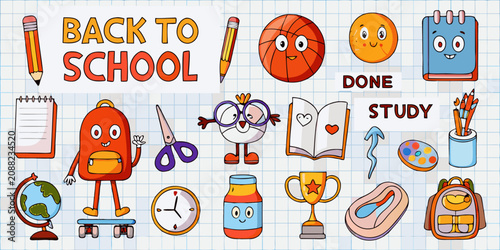 фотографія School Supplies Vector Illustration With Smiling Characters And Text Elements