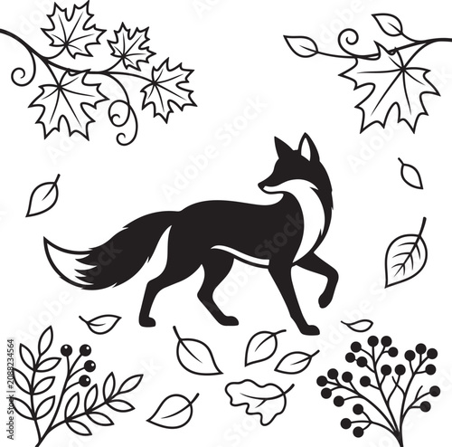 Fox In Autumn Forest With Falling Leaves And Berries Silhouette-2