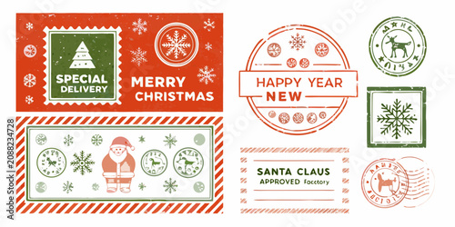 Foto Vintage Christmas Postmarks And Seals Red And Green Vector Illustration