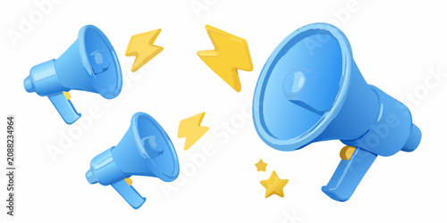 фотографія Three Dimensional Blue Megaphone Bullhorns With Yellow Starbursts