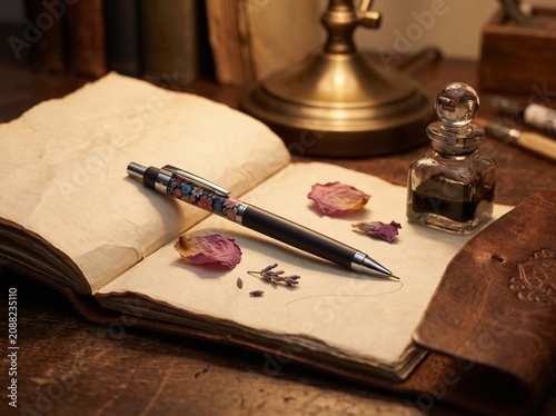 Vintage writing desk, antique pen, inkwell, and rose petals on old book, romantic study setup