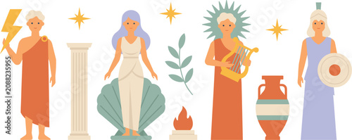Foto Ancient Greek Gods and Goddesses Flat Vector Set Featuring Zeus Aphrodite Apollo