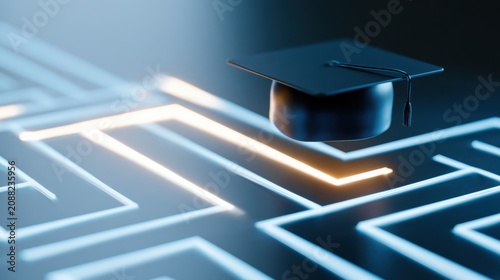 A graduation cap sits atop a maze, symbolizing the challenging journey of education and the pursuit of knowledge