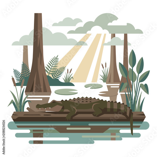 Alligator Resting On Log In Swamp Bayou Landscape Illustration