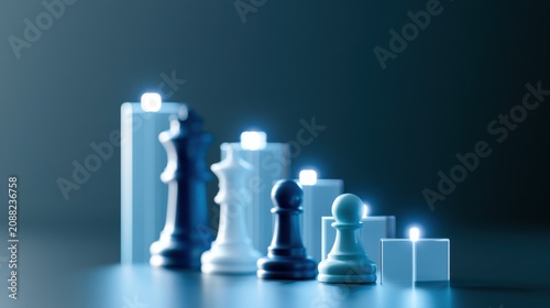 A row of chess pieces including king, queen, and pawn, standing on glowing pedestals in a dark, moody setting
