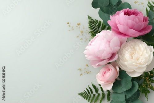 Pink peonies, white camellia, and eucalyptus creating a soft floral border on a pastel background, ideal for wedding invitations or decorative design templates