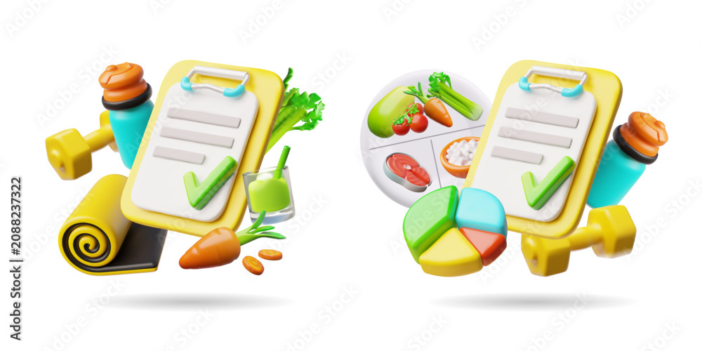 Fototapeta premium Fitness nutrition 3D vector, healthy lifestyle, diet plan, realistic checklist for sport training and nutrition planning