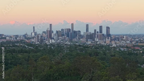 Brisbane CBD Skyline at Sunset Viewed Above Bushland Queensland Australia
