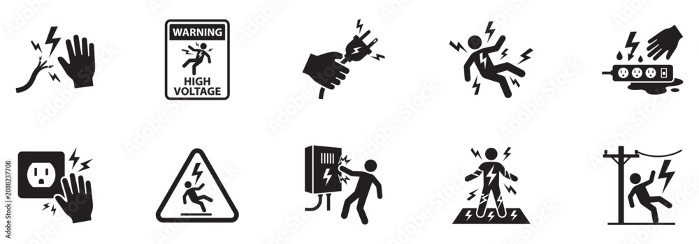 Fototapeta premium Electrical shock danger and hazard icon set. High voltage warning silhouette symbols. Electricity safety logo. Vector illustration. Vector Graphic. EPS 10