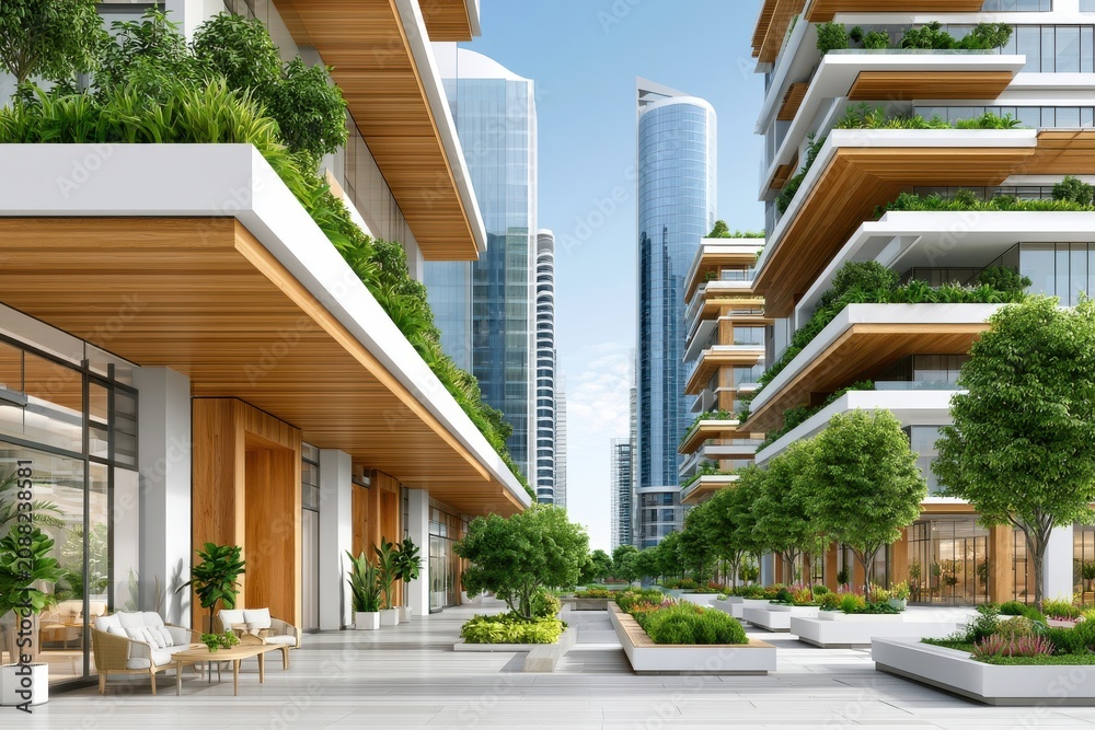 Fototapeta premium Future city with sustainable green architecture, terraced buildings and shaded pedestrian boulevard