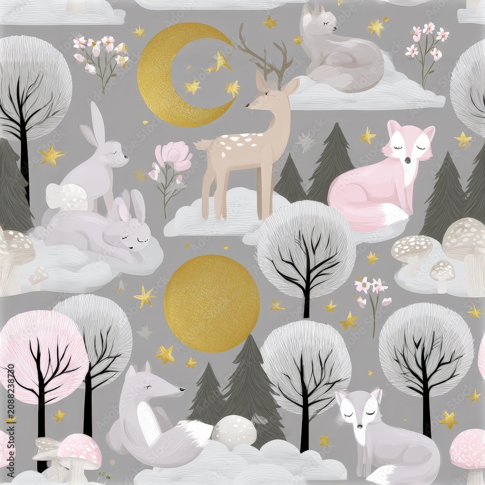 Fototapeta premium Woodland animals under starry night sky pattern, magical forest theme, whimsical nursery decor, cozy nature illustration, dreamy design.