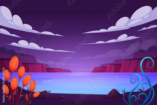 Fantasy Landscape Lake Night Concept, magical purple sunset scenery with alien glowing plants, rocky mountains and calm water for dream, meditation and background