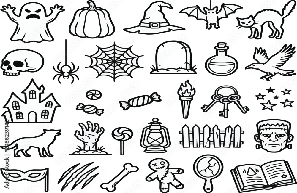 Obraz premium Collection of Halloween line art icons featuring spooky symbols like ghost, pumpkin, skull, and haunted house in outline style