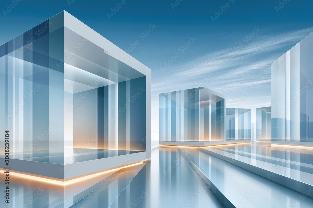 Fototapeta premium Luxury abstract visualization of interconnected AI agents in a futuristic glass architecture cityscape