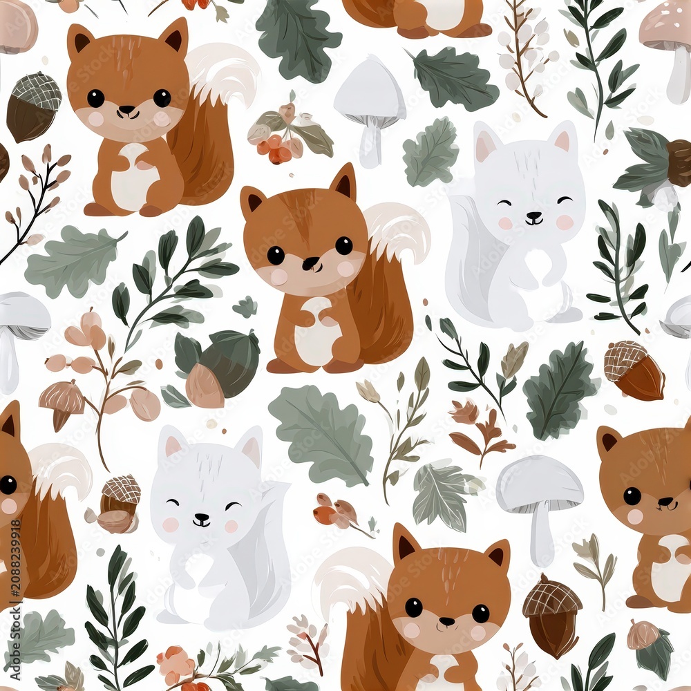 Obraz premium Cute squirrel seamless pattern with acorns and leaves, woodland autumn theme, playful nursery decor, charming wildlife illustration.