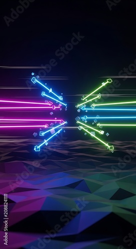 Colorful Neon Light Arrows Crossing Over Abstract Polygon Floor in Dark Futuristic Space
