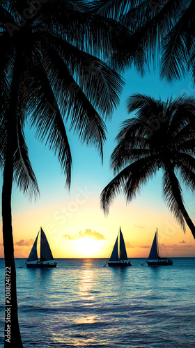 Tropical Sunset Seascape with Palm Silhouettes and Sailboats