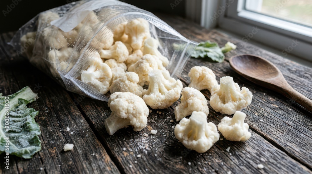 Fototapeta premium Frozen cauliflower florets spilling from a plastic bag on a rustic wooden table with a wooden spoon