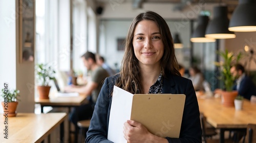 Young professional woman holding a clipboard while standing in a modern bright office environment.